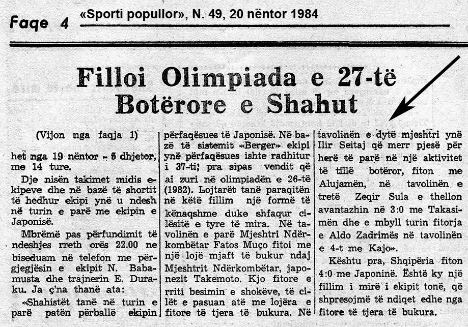 Prima partita e vittoria di Ilir Seitaj all'esordio olimpico 1984