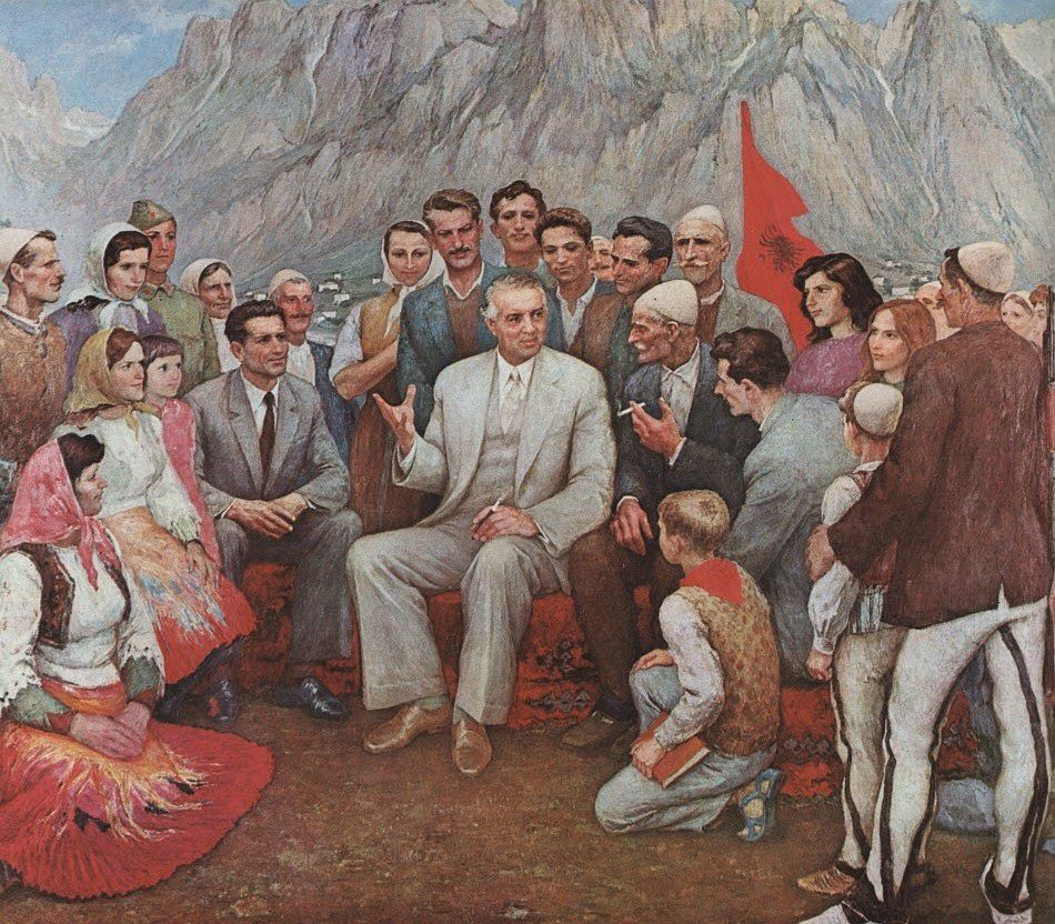 Pittura Enver Hoxha Con Il Popolo